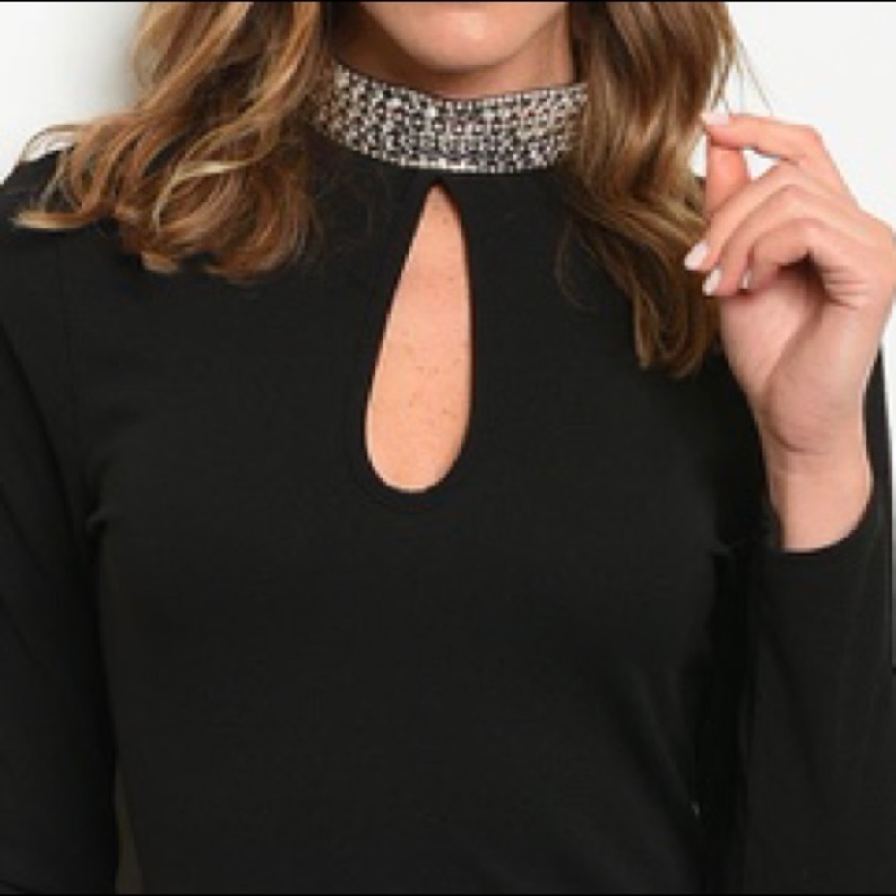 ❌DONATED❌Black Rhinestone Mock Neck Peep Hole Long Sleeve Dress - Picture 2 of 11